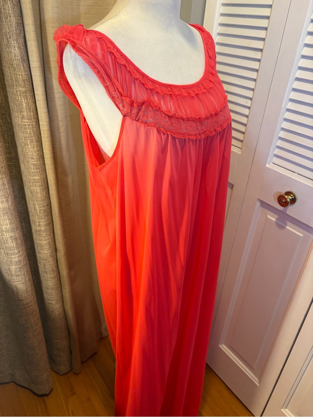 Vintage Coral Sleeveless Nightgown with Lace Yoke